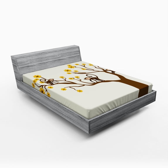 Funny Fitted Sheet, Monkey Animations Fun Chimpanzees Climbing on Daisy Trees Animal Life, Soft Decorative Fabric Bedding, Full Size, Brown Yellow, by Ambesonne