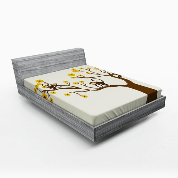 Funny Fitted Sheet, Monkey Animations Fun Chimpanzees Climbing on Daisy Trees Animal Life, Soft Decorative Fabric Bedding, Full Size, Brown Yellow, by Ambesonne