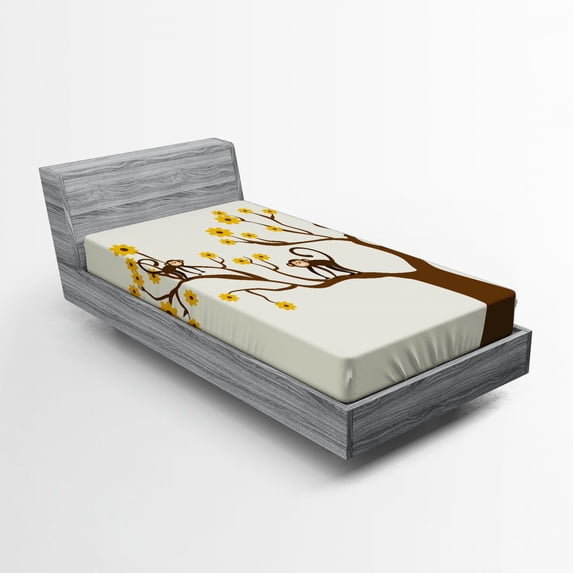 Funny Fitted Sheet, Monkey Animations Fun Chimpanzees Climbing on Daisy Trees Animal Life, Soft Decorative Fabric Bedding, Twin Size, Brown Yellow, by Ambesonne
