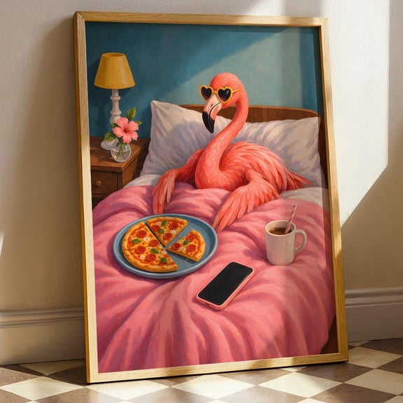 Funny Flamingo Eating Pizza Wall Art: Pink Flamingo Poster Quirky Animal Print