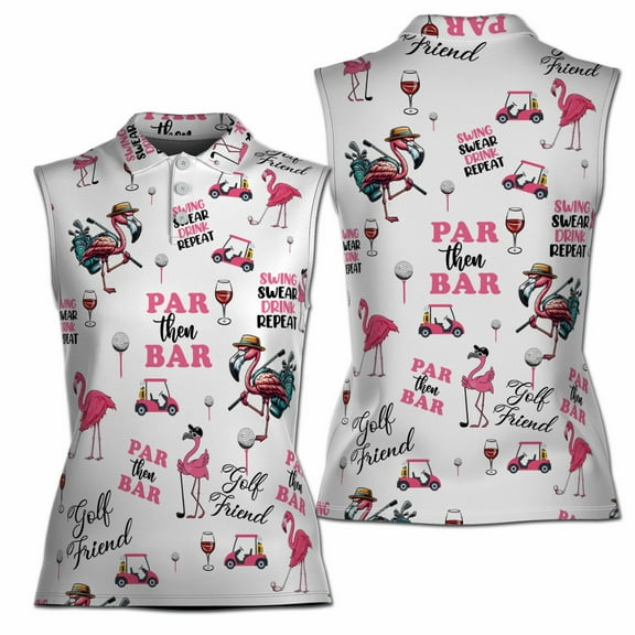 Funny Flamingo Golfer Par Then Bar Women Sleeveless Polo XS-4XL