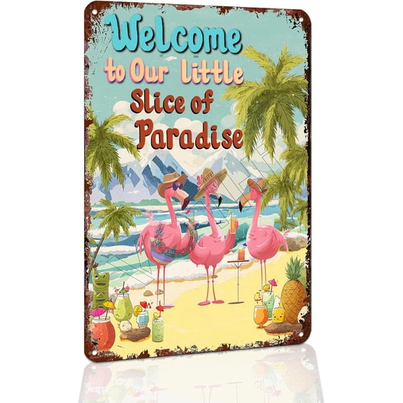 Funny Flamingo Metal Signs Welcome To Our Little Piece Of Paradise Outdoor Pool Decor Funny Beach Vintage Tin Signs For Pool Home Backyard Wall Decor 12x8 Inches