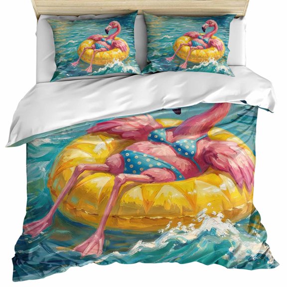 Funny Flamingo Swimming Ring Bedding 3 Piece Duvet Cover Set California King, Abstract Art Ocean Soft Microfiber Comforter Cover with Zipper Closure & Pillowcases, Wrinkle & FadeResistant Quilt Cover