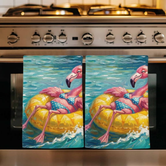Funny Flamingo Swimming Ring Kitchen Towels Set of 1, Abstract Art Ocean Absorbent Dish Towels for Kitchen, Microfiber Hand Towel, Quick Drying Tea Towel for Cleaning Decorative Dishcloths