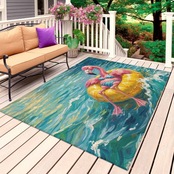 Funny Flamingo Swimming Ring Outdoor Rug 4x6 Ft, Non Slip Washable Area Rug, Abstract Art Ocean Patio Rugs Carpet Runner, Large Floor Mat for Indoor/Outdoor Deck Porch Camping