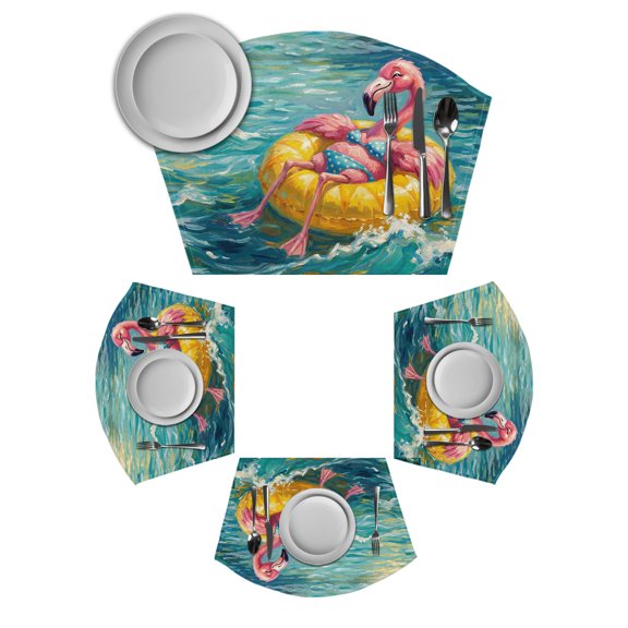 Funny Flamingo Swimming Ring Round Table Placemats Set of 2 Wedge Placemats, Abstract Art Ocean Place Mats for Dining Table Set Washable Mats Kitchen Decor for Indoor Outdoor Wipe Clean