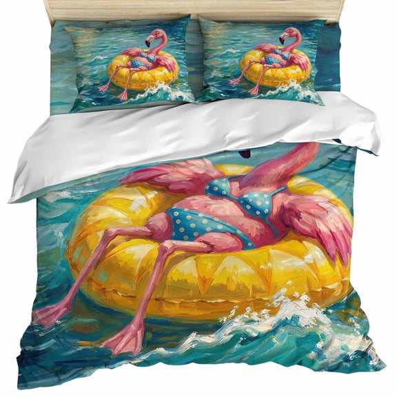 Funny Flamingo Swimming Ring Set of 4 Bedding Quilt Covers, Abstract Art Ocean 4-Piece Bed Sheet Set with Extra Soft Bed Sheets Quilt Cover Pillowcase, Queen