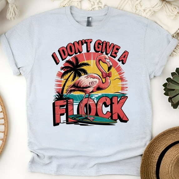 Funny Flamingo T-Shirt for Women, I Don’t Give a Flock Tropical Sunset Graphic Tee, Ash, Size M