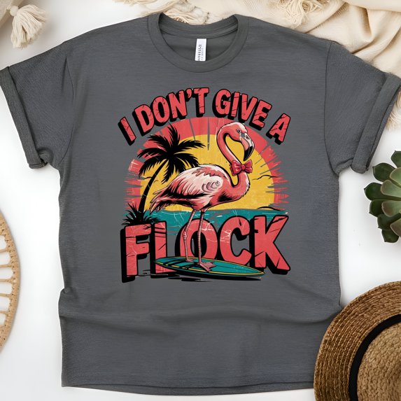 Funny Flamingo T-Shirt for Women, I Don’t Give a Flock Tropical Sunset Graphic Tee, Dark Heather, Size 5XL