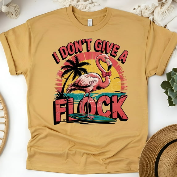 Funny Flamingo T-Shirt for Women, I Don’t Give a Flock Tropical Sunset Graphic Tee, Gold, Size M