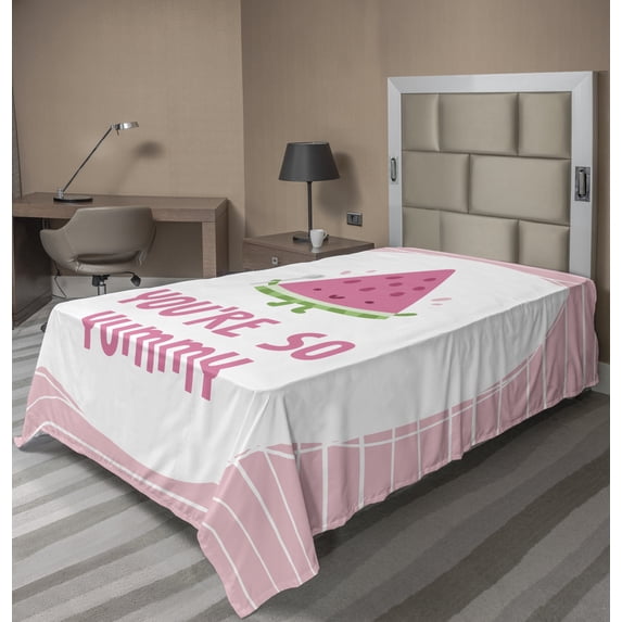 Funny Flat Sheet, You are So Yummy Lettering with a Fresh Watermelon Summer Fruits Doodle, Soft Comfortable Top Sheet Decorative Bedding 1 Piece, 6 Sizes, Pink Green and Blush, by Ambesonne