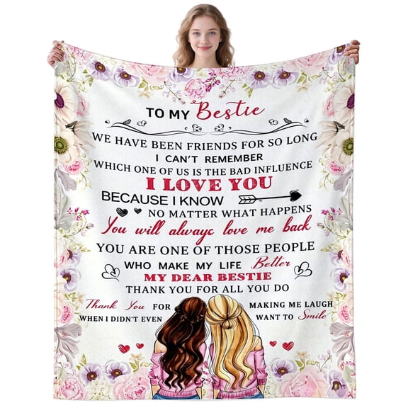 Funny Floral Bestie Blanket Gifts for Women Adults Friends Bestie Soft Lightweight Heart Besties Throw Blankets for Sofa Couch Travelling Decor Birthday Gifts 50×40 Inch