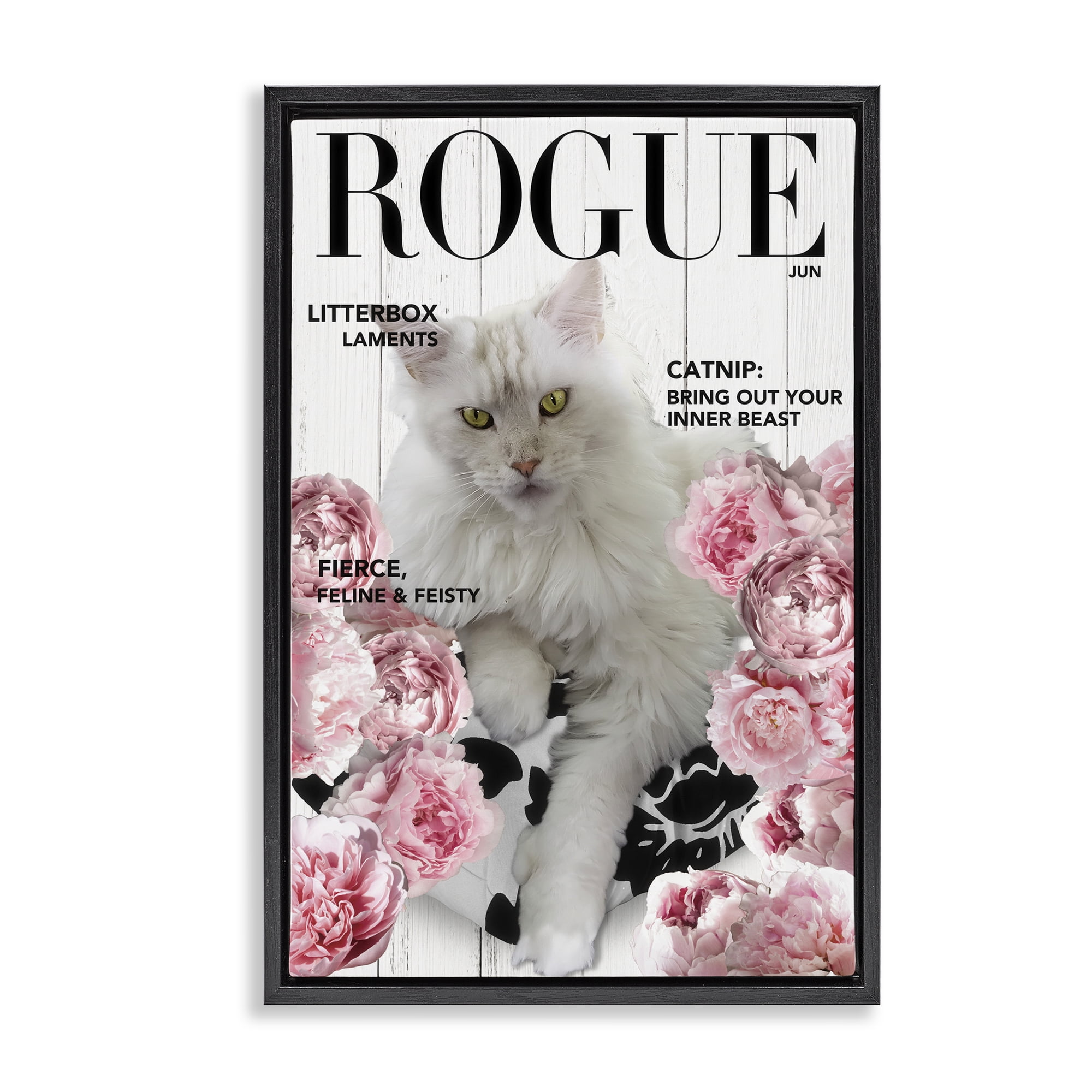 Funny Floral Cat Magazine Black Framed Floater Canvas Wall Art, design by Sasha