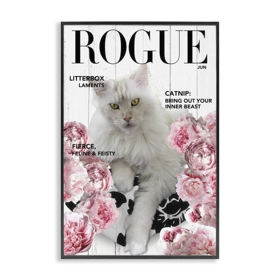Funny Floral Cat Magazine Black Framed Giclee Art, design by Sasha