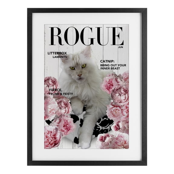 Funny Floral Cat Magazine Black Framed Print Under Glass, design by Sasha