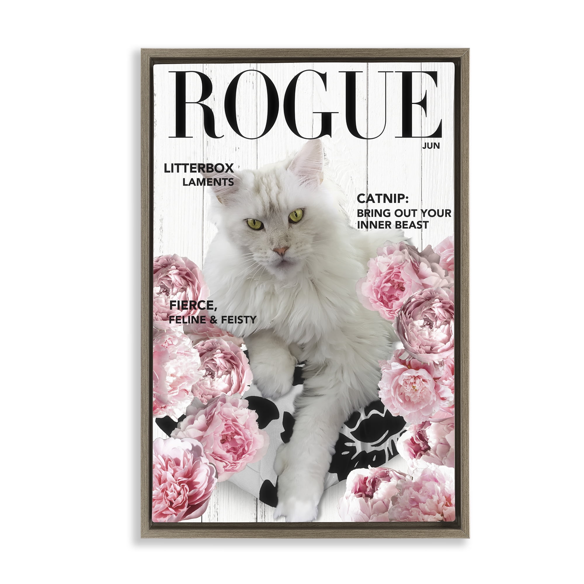Funny Floral Cat Magazine Brown Framed Floater Canvas Wall Art, design by Sasha