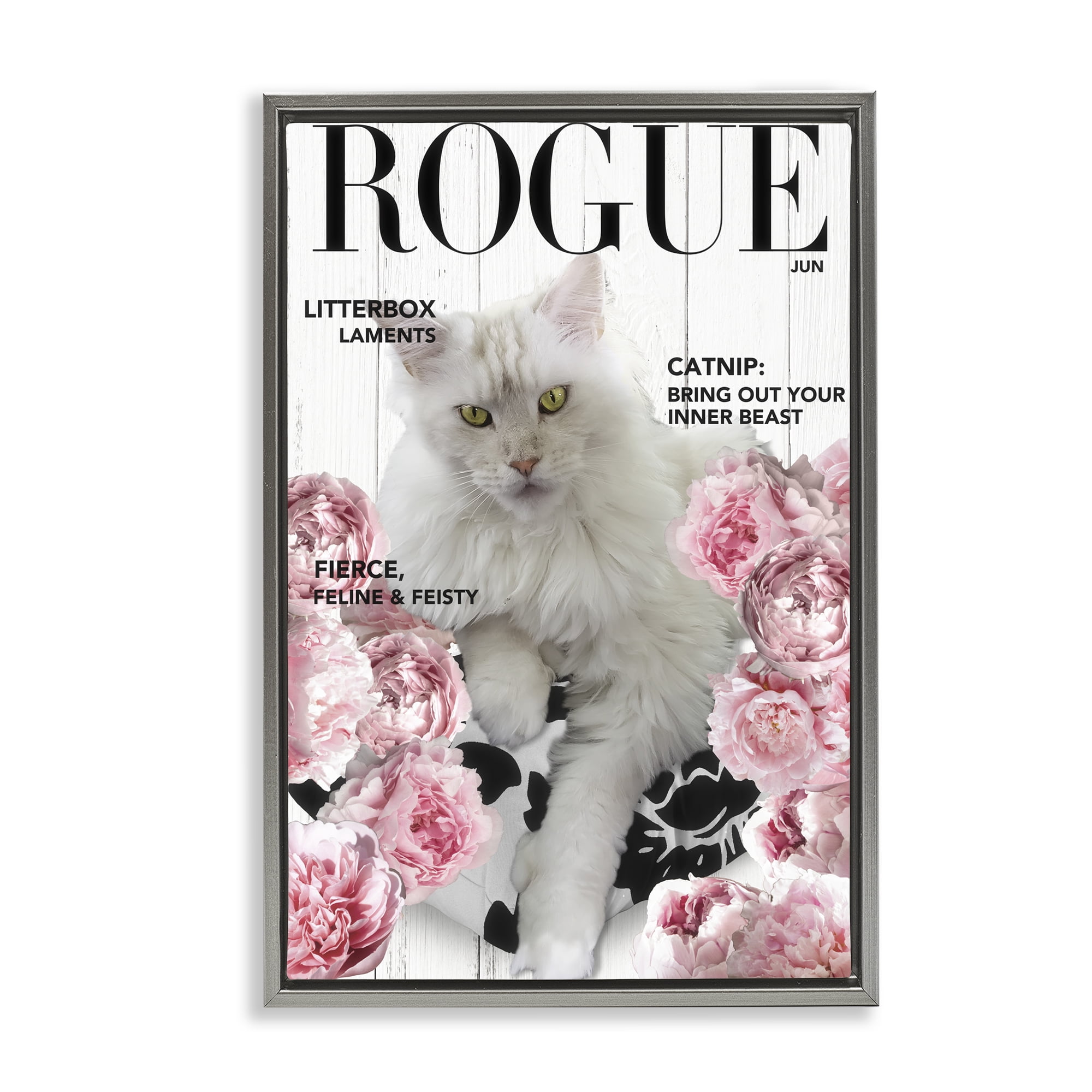Funny Floral Cat Magazine Gray Framed Floater Canvas Wall Art, design by Sasha