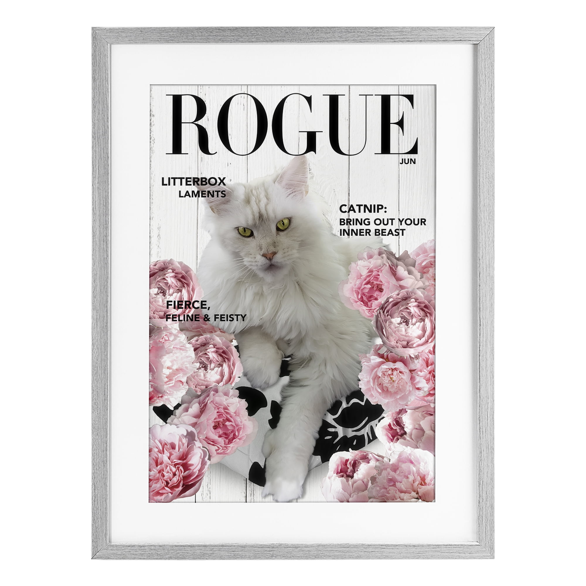 Funny Floral Cat Magazine Gray Framed Print Under Glass, design by Sasha