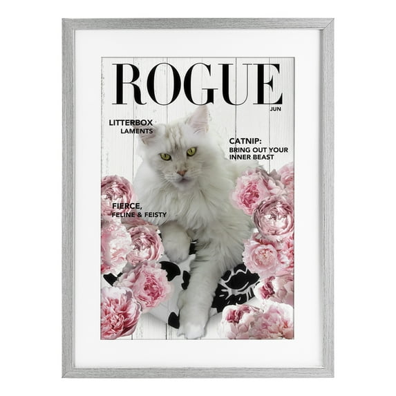 Funny Floral Cat Magazine Gray Framed Print Under Glass, design by Sasha