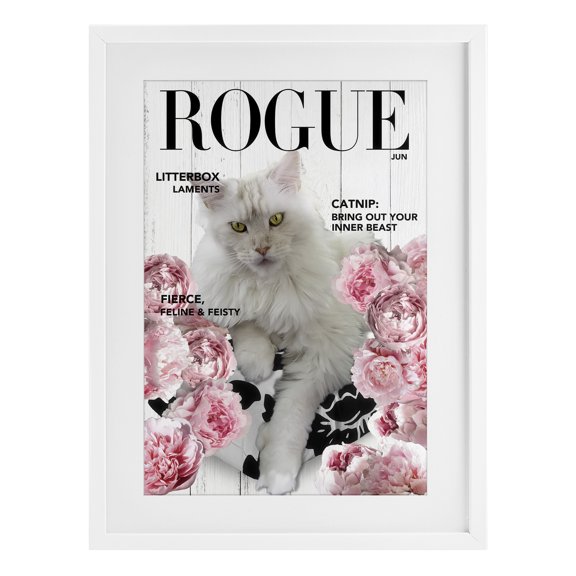 Funny Floral Cat Magazine White Framed Print Under Glass, design by Sasha