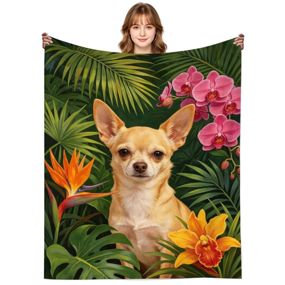 Funny Floral Chihuahua Blanket Gifts for Women Men Adults Dog Lovers,Soft Lightweight Tropical Foliage Flowers Chihuahuas Throw Blankets for Couch Bed Sofa Decor 50x40 Inch
