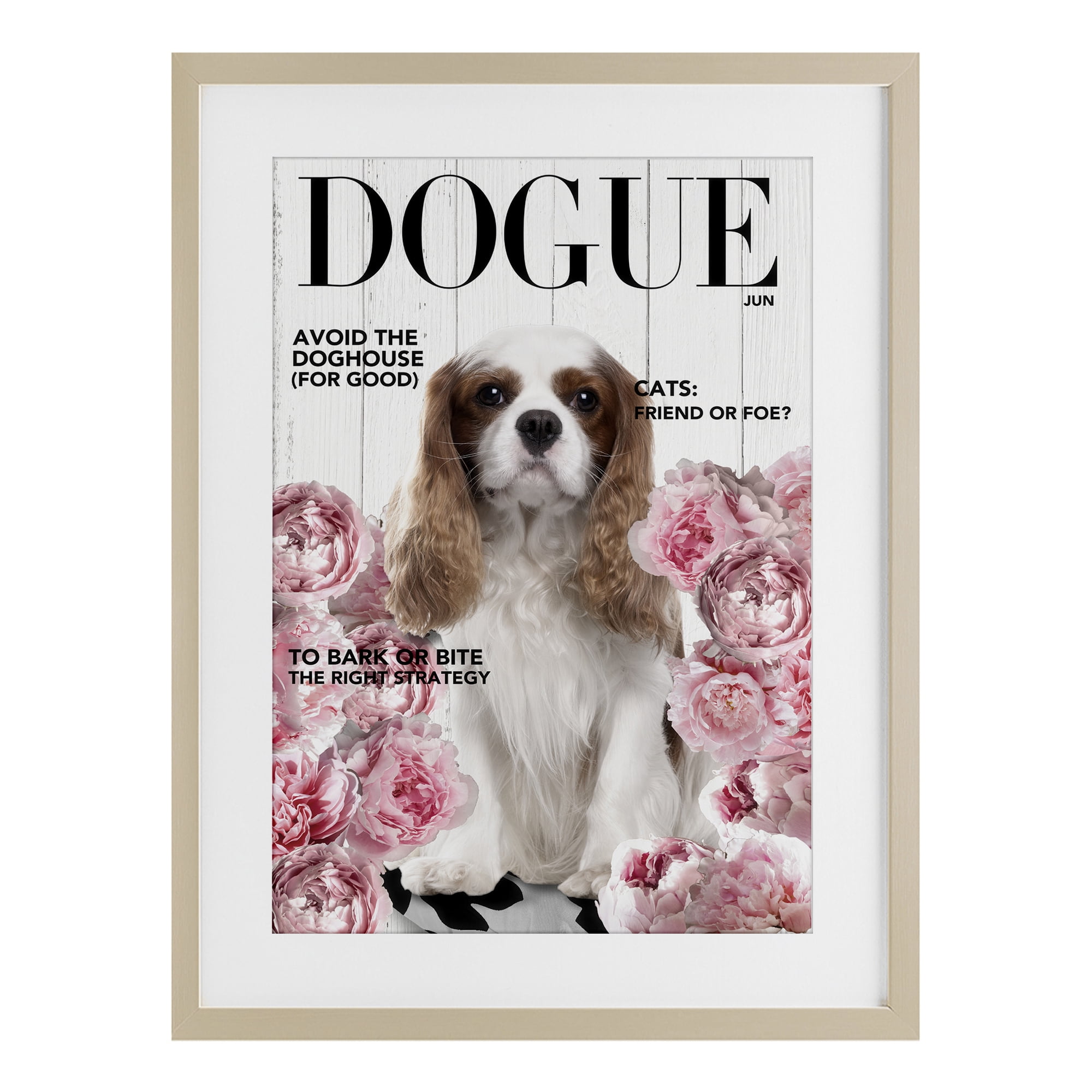 Funny Floral Dog Magazine Birch Framed Print Under Glass, design by Sasha