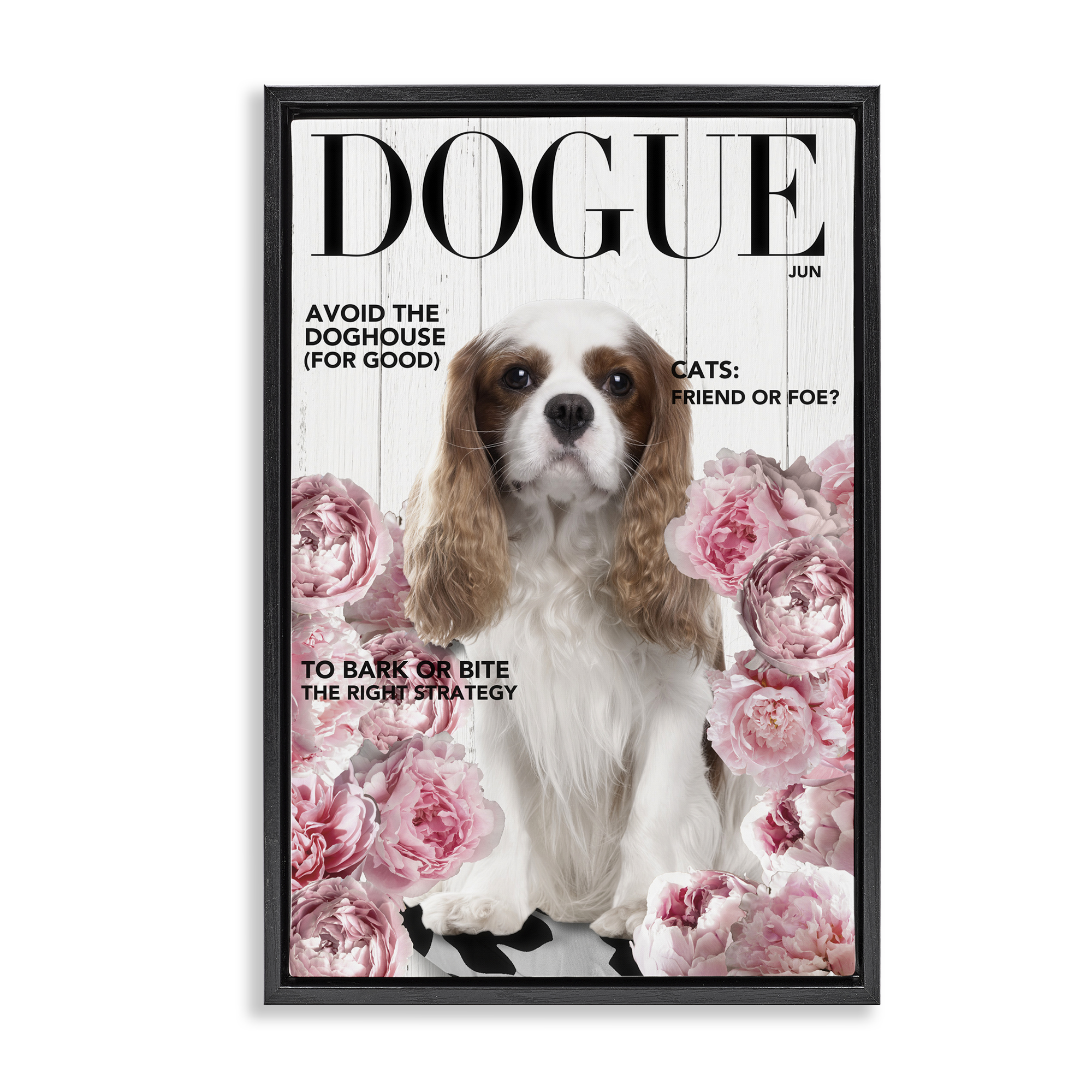 Funny Floral Dog Magazine Black Framed Floater Canvas Wall Art, design by Sasha