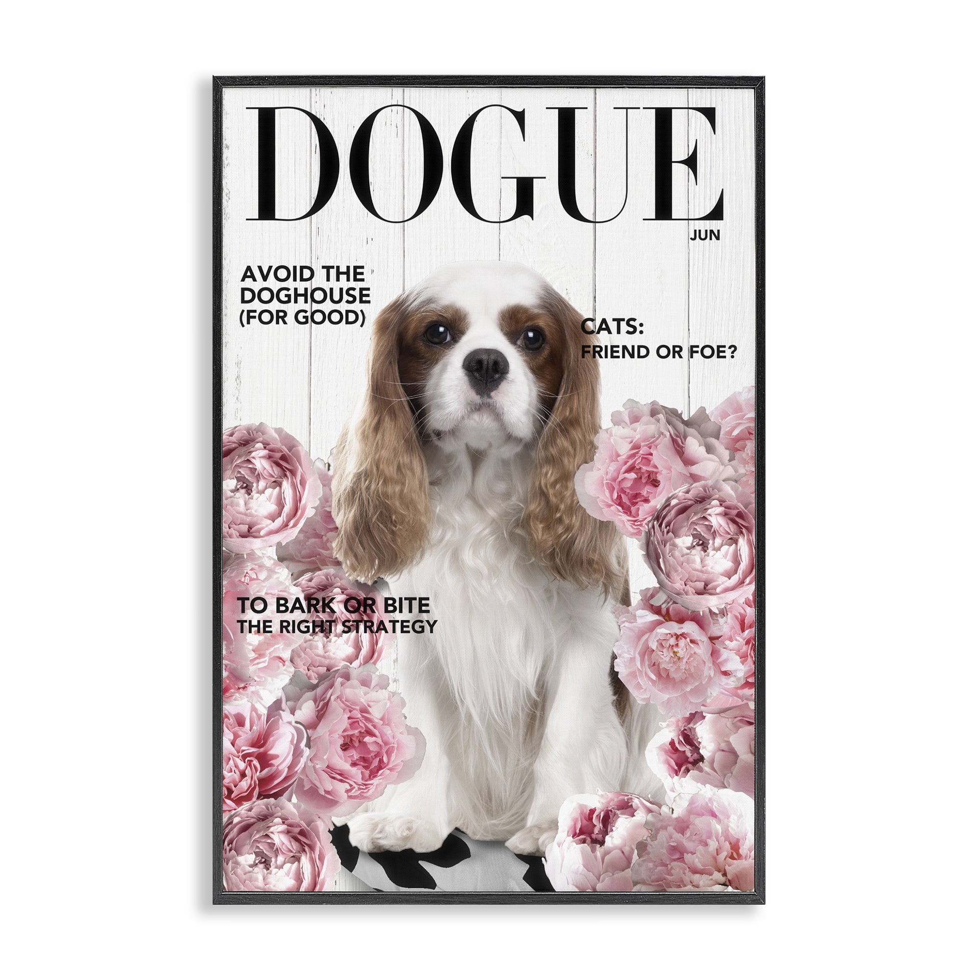 Funny Floral Dog Magazine Black Framed Giclee Art, design by Sasha