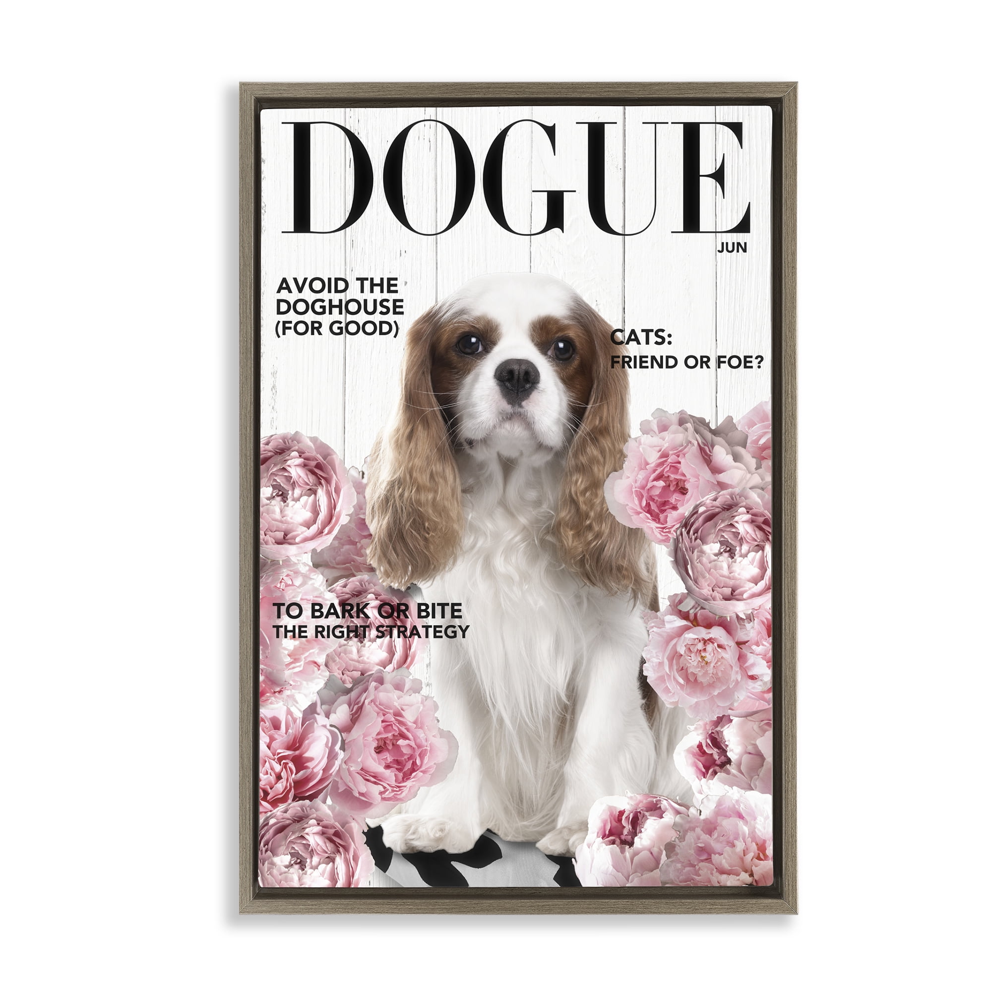Funny Floral Dog Magazine Brown Framed Floater Canvas Wall Art, design by Sasha