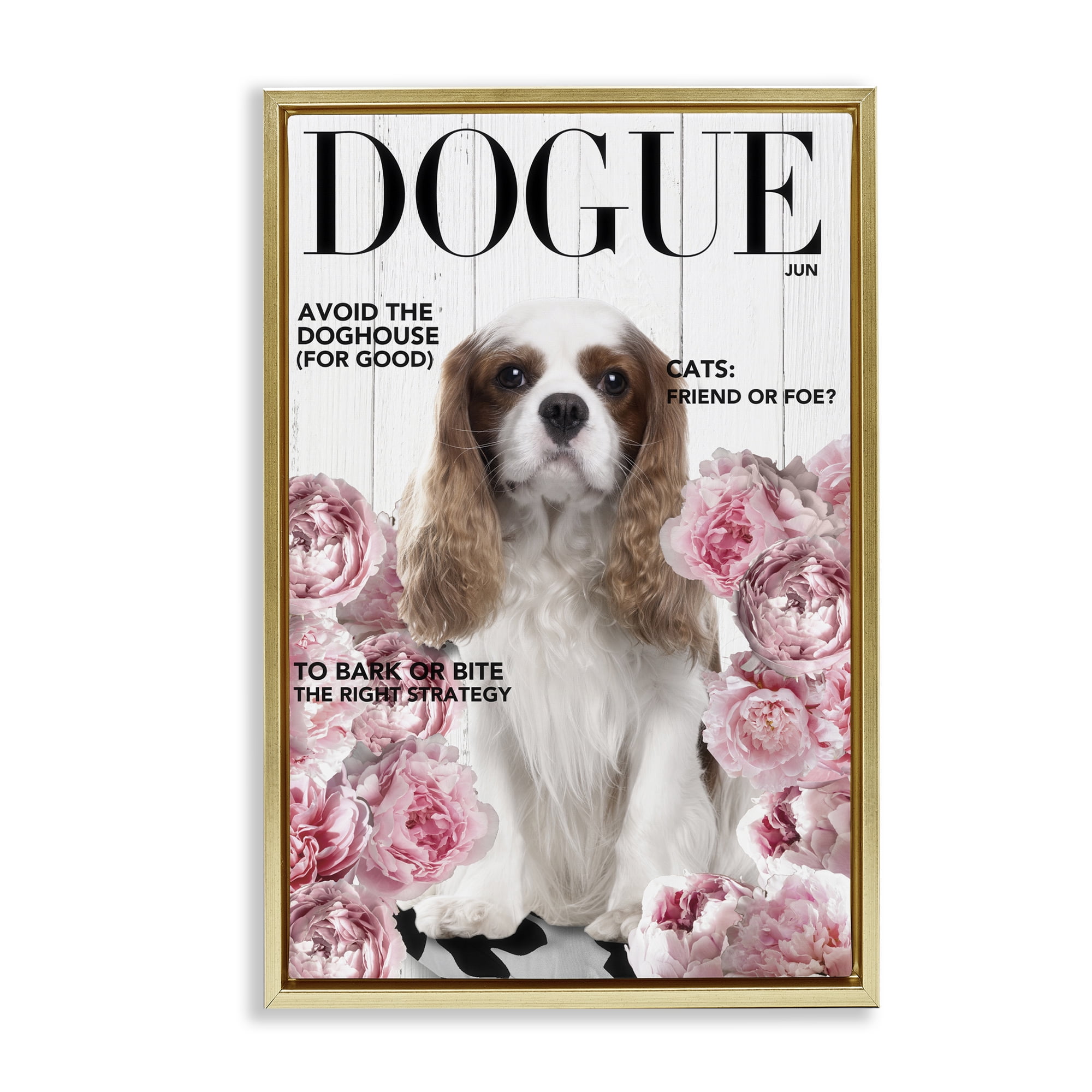 Funny Floral Dog Magazine Gold Framed Floater Canvas Wall Art, design by Sasha