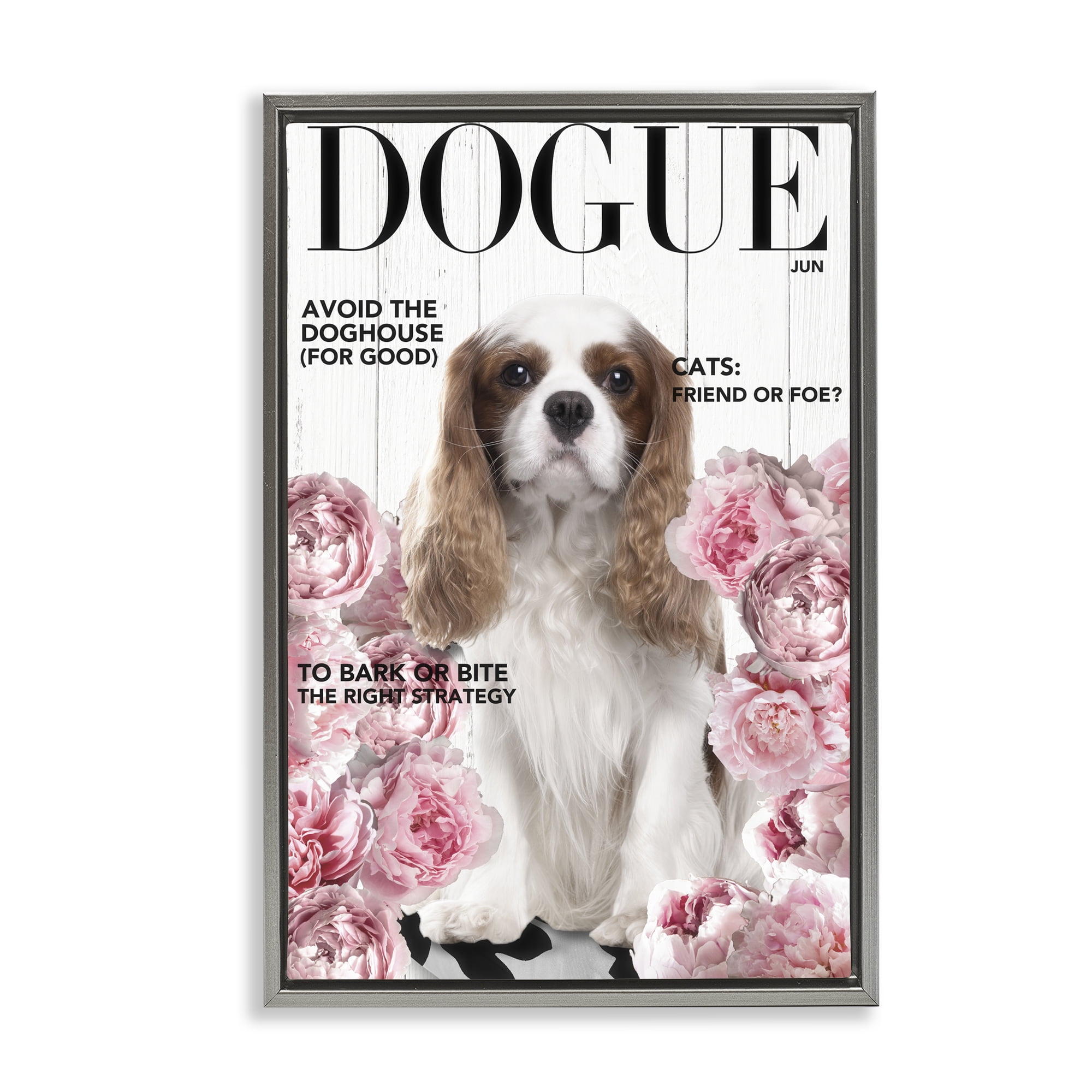 Funny Floral Dog Magazine Gray Framed Floater Canvas Wall Art, design by Sasha