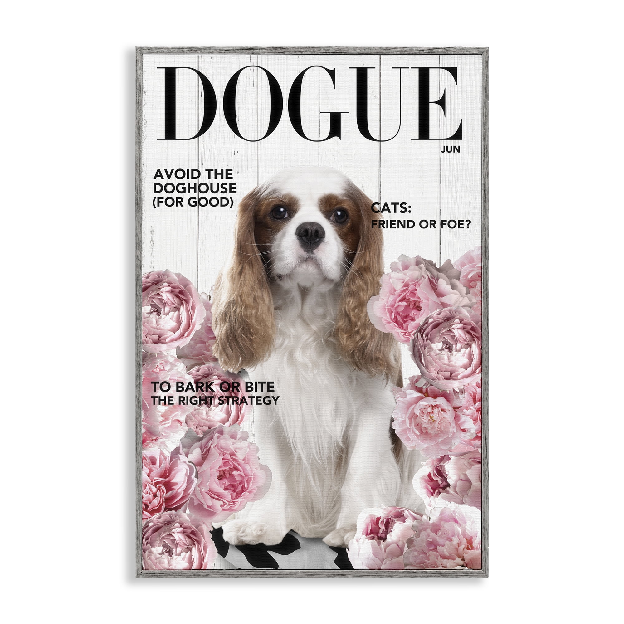 Funny Floral Dog Magazine Gray Framed Giclee Art, design by Sasha