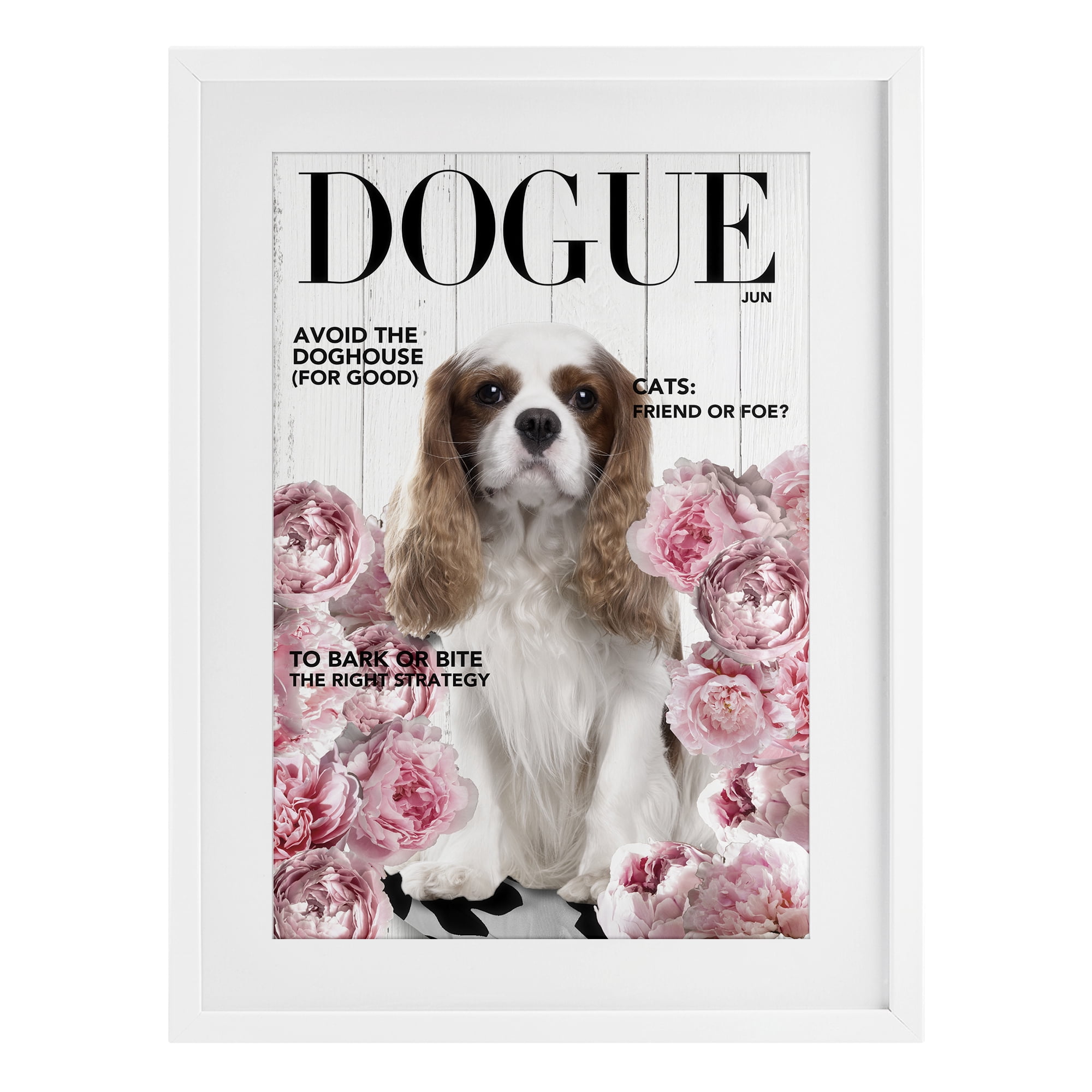 Funny Floral Dog Magazine White Framed Print Under Glass, design by Sasha