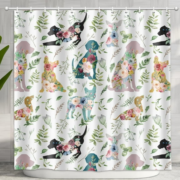 Funny Floral Dog Shower Curtain, Cute Animal Pet Flower Plant Childish Puppy Bathroom Decor Shower Curtain, Fabric Polyester Waterproof Kids Shower Curtain Set with 12 Hooks, 72X72in
