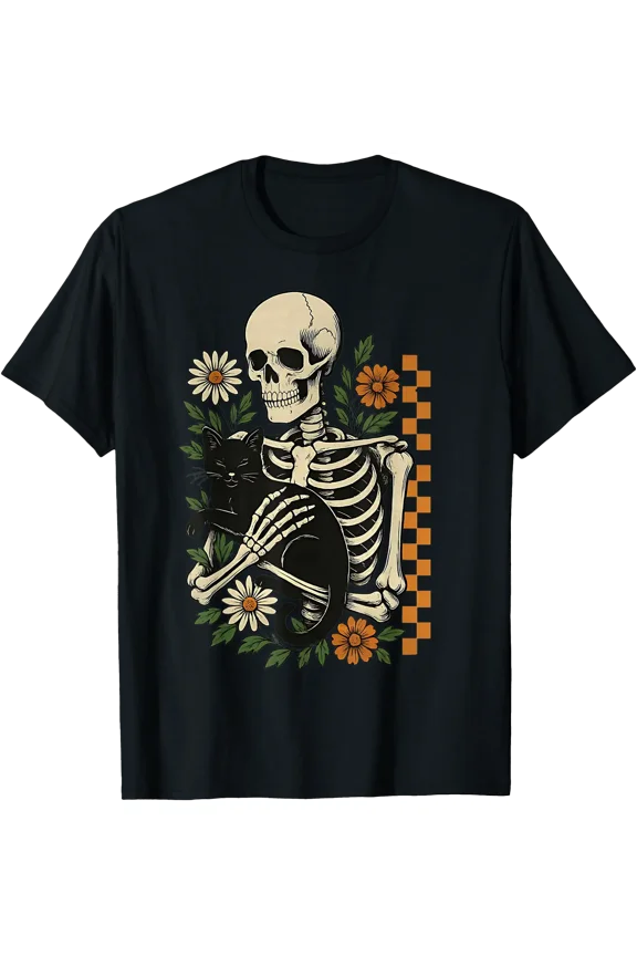 Funny Floral Skeleton Hugging Cat Halloween Cat Mom Cat Dad T-Shirt, Unisex T-Shirt
