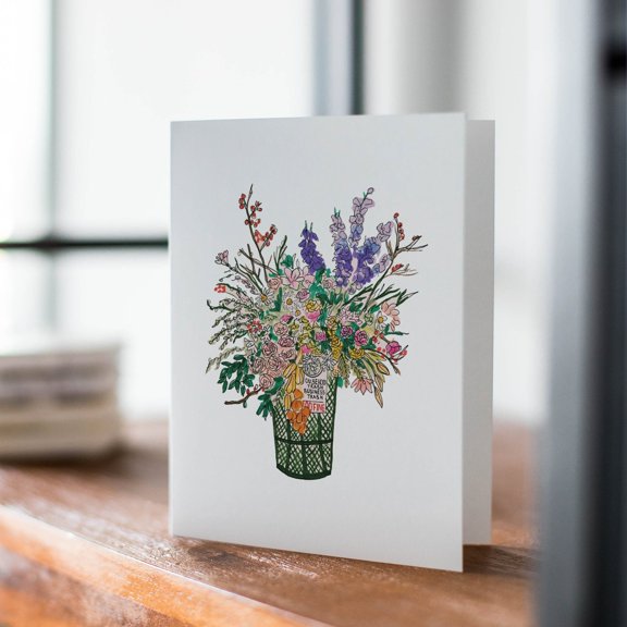 Funny Floral Trash Can Greeting Card, Whimsical Bouquet Illustration in Trash Bin, Quirky Flower Note Card for Birthdays and Friendship, Unique Humorous Stationary