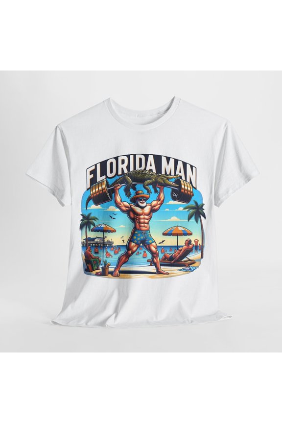 Funny Florida Man Lifting Gator Meme Beach Vacation Unisex Short-Sleeve Graphic T-Shirt Gym Humor Gift