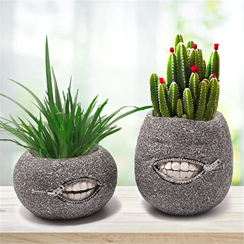 Funny Flower Pot, Novelty Zipper Teeth Shape Plant Pots Set of 2, Flower Plant Pots for Indoor Plants, Unique Funny Small Succulent Desk Vase for Plant Lover Gifts