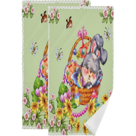 Funny Flower Puppy Hand Towels 2 PCS, Easter Rabbit Floral Kitchen Towel Ultra Soft and Highly Absorbent,Decorative Fingertip Face Towel for Bathroom Hotel, 28.3"x14.4"