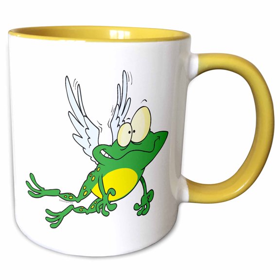 3drose, Funny Flying Froggy Frog Cartoon, 11oz Two-tone Yellow Mug