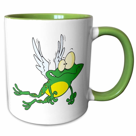 3drose, Funny Flying Froggy Frog Cartoon, 15oz Two-tone Green Mug