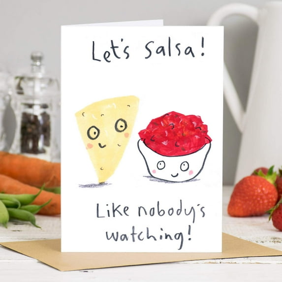 Funny Food-Themed Greeting Card – "Let's Salsa!" with Cute Chips and Salsa Design – Blank Inside, Envelope Included – Perfect for Celebrations or Just to Say Hi