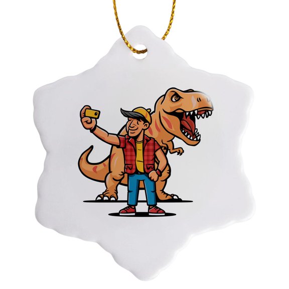 3drose, Funny Foolish Tourist Taking Selfie with T-rex Dinosaur Satire Cartoon, 3 inch Snowflake Porcelain Ornament