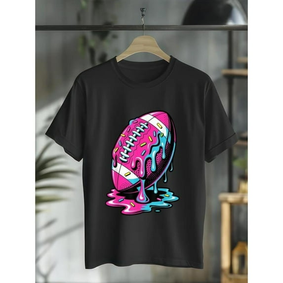 Funny Football Drip Ice Cream Graphic T-Shirt for Women, Colorful Print Tee, Cool Sports Humor Top，Classic，cotton，black，S-5XL