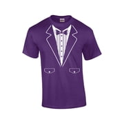 Funny Formal Tuxedo with Bowtie Classy Mens Short Sleeve T-shirt Humorous Wedding Bachelor Party Retro Tee-Purple-XL