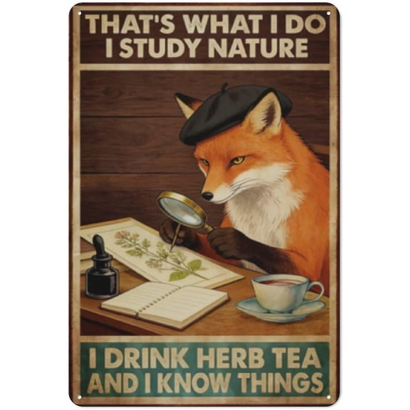Funny Fox Quote Metal Tin Sign Wall Decor Plaque, Study Nature Drink Herb Tea, 8x12 Inch