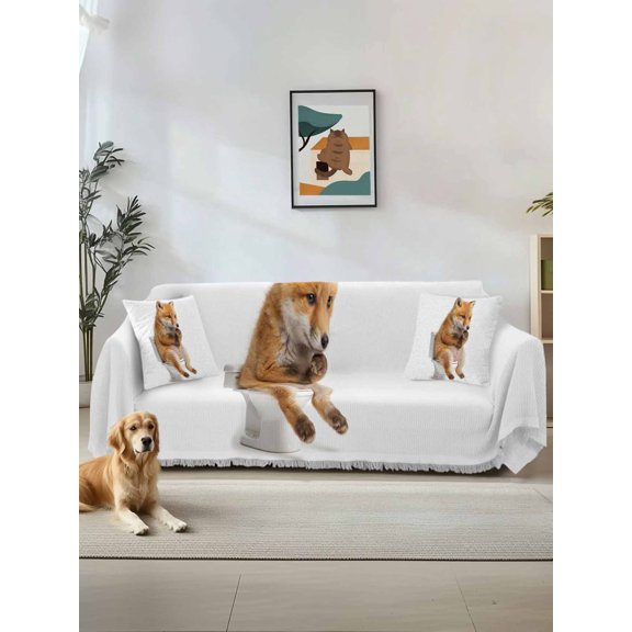 Funny Foxes Couch Cover, Cute Art Fun Lovely Animals on Toilets Sofa Cover Blanket for 1 Seat Cushion, Sectional Sofa Slipcover Furniture Protector for Living Room Bedroom 71''x91''