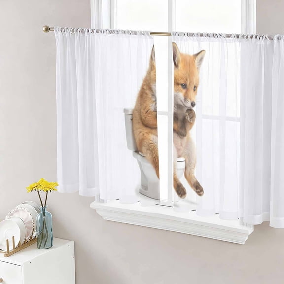 Funny Foxes Sheer Curtains 54 Inches Length 2 Panels Set, Window Sheer Curtains for Living Room/Bedroom, Cute Art Fun Lovely Animals on Toilets Light Filtering Rod Pocket Curtain 52''x54''x2