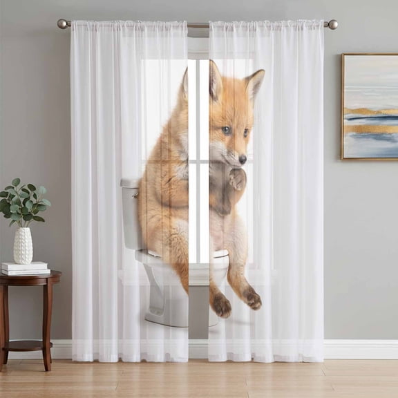Funny Foxes Sheer Curtains 96 Inches Long 2 Panels Set, Window Sheer Curtains for Living Room/Bedroom, Cute Art Fun Lovely Animals on Toilets Light Filtering Rod Pocket Curtain 52''x96''x2