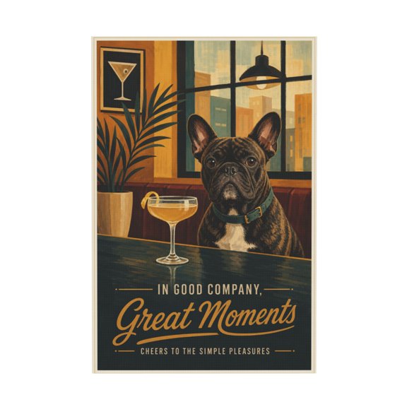 Funny French Bulldog Bar Canvas Wall Art Frenchie Drinking Cocktail Kitchen Decor For Living Room Kitchen Dining Room 16"x24 in